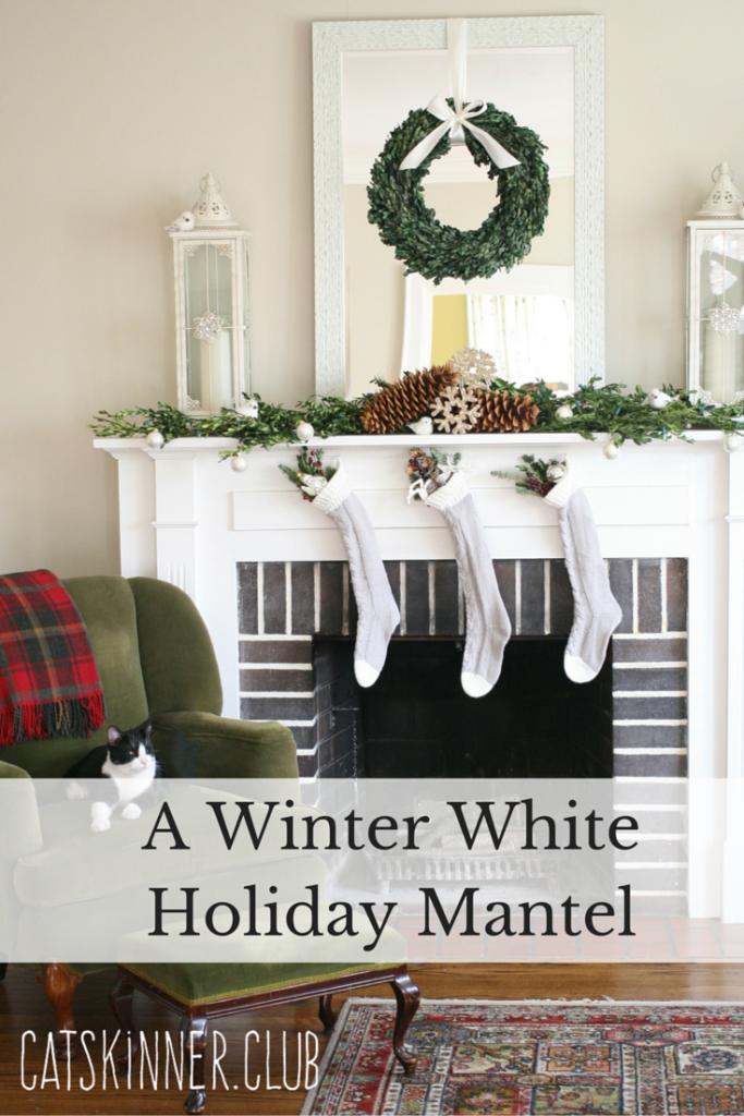 a winter white holiday mantel